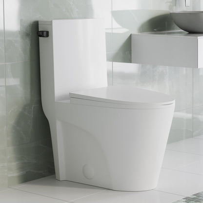 Swiss Madison St. Tropez One Piece Elongated Toilet Side Flush 1.28 gpf with Black Hardware