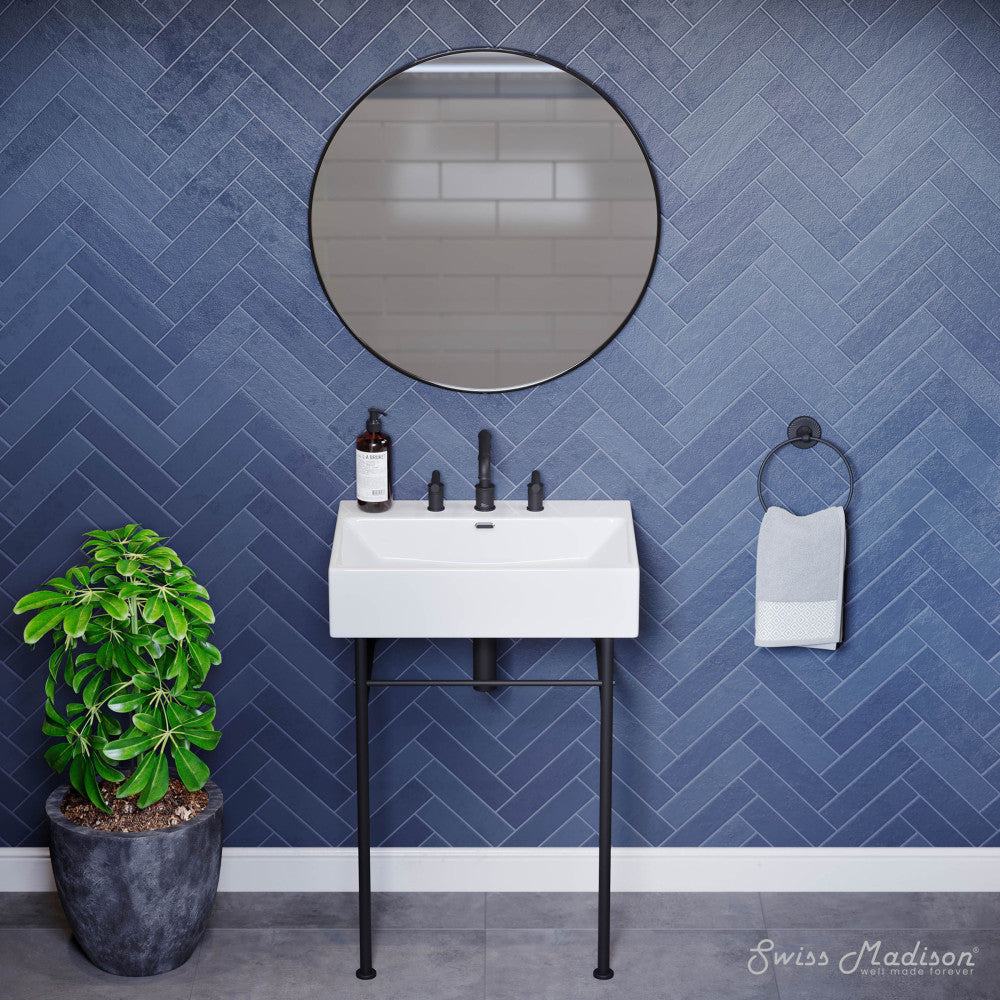 Swiss Madison Claire 24" Console Sink White Basin Black Legs with 8" Widespread Holes