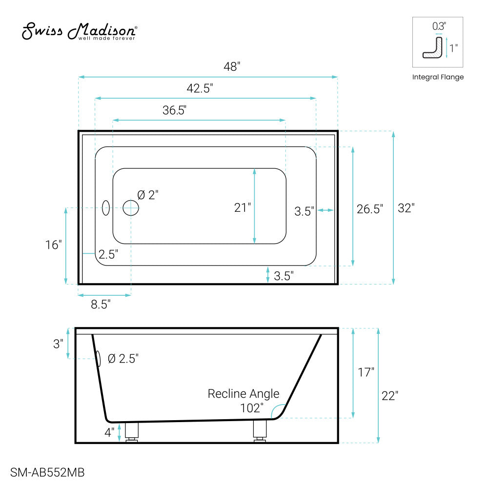 Swiss Madison Voltaire 48" x 32" Left-Hand Drain Alcove Bathtub with Apron in Matte Black