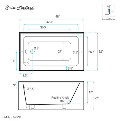 Swiss Madison Voltaire 48" x 32" Left-Hand Drain Alcove Bathtub with Apron in Matte Black