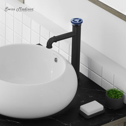 Swiss Madison Avallon Single Hole, Single-Handle Wheel, High Arc Bathroom Faucet in Matte Black with Blue Handles