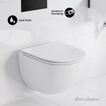 Swiss Madison St. Tropez Wall-Hung Toilet Bundle 0.8/1.6 GPF Dual Flush in Glossy White with Black Flush Plate