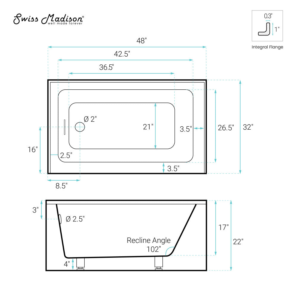 Swiss Madison Voltaire 48 x 32 Skirted Right Drain Soaking Apron Bathtub in Glossy White with Integrated Overflow, Drain Included