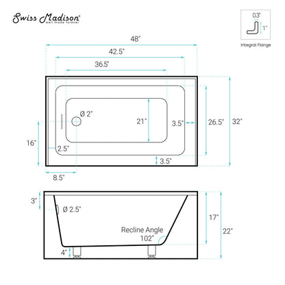 Swiss Madison Voltaire 48 x 32 Skirted Right Drain Soaking Apron Bathtub in Glossy White with Integrated Overflow, Drain Included