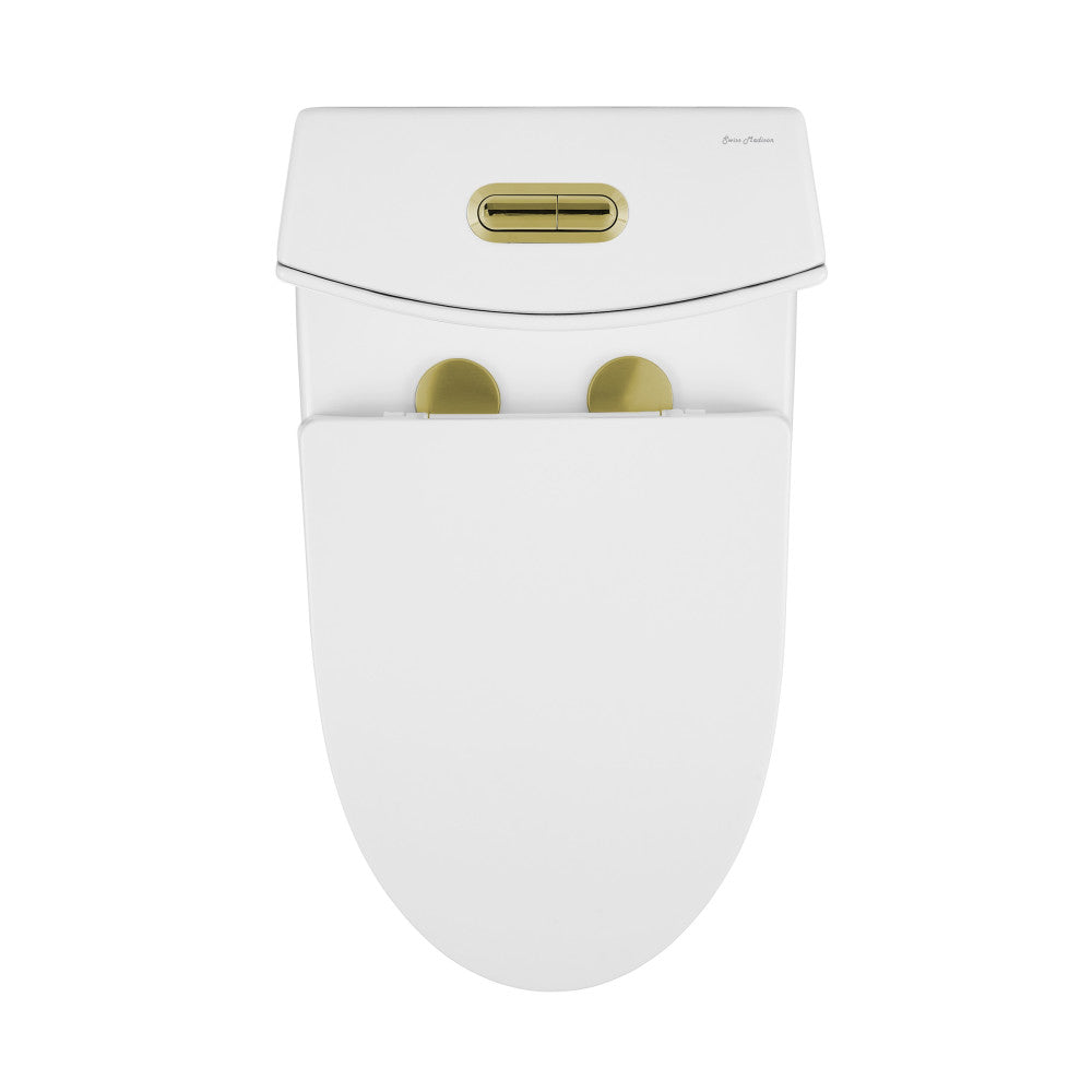 Swiss Madison St. Tropez One Piece Elongated Toilet Dual Vortex Flush, Gold Hardware