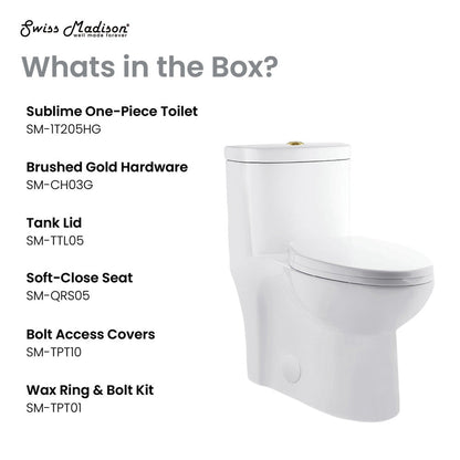 Swiss Madison Sublime One Piece Elongated Toilet Dual Flush, Brushed Gold Hardware 1.1/1.6 gpf