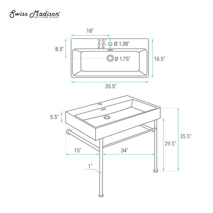 Swiss Madison Carre 36 Ceramic Console Sink White Basin Chrome Legs