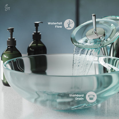 Swiss Madison Cascade 16.5 Glass Vessel Sink with Faucet, Clear
