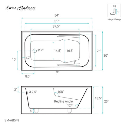 Swiss Madison Voltaire 54 x 30 Skirted Left Drain Soaking Alcove Bathtub in Glossy White with Integrated Armrest