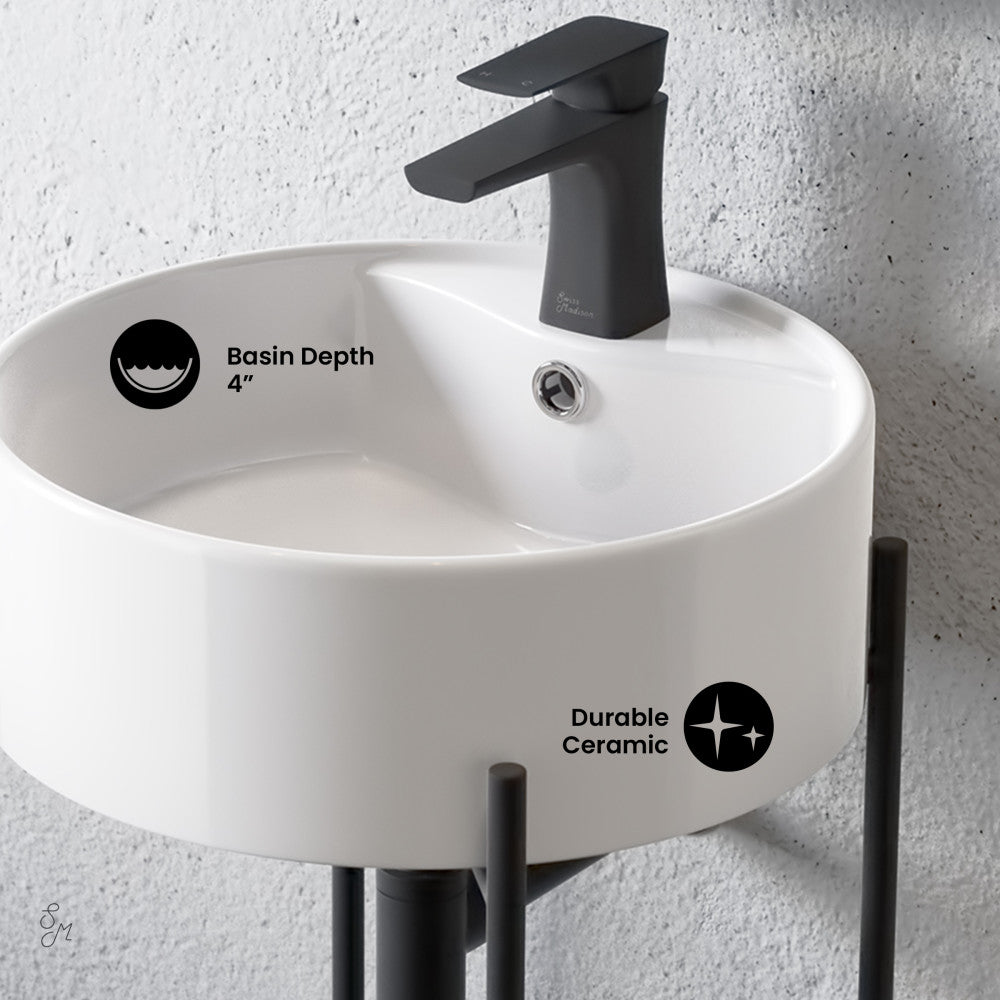 Swiss Madison Monaco 16" Round Console Sink with Faucet Mount, White Basin Matte Black Legs