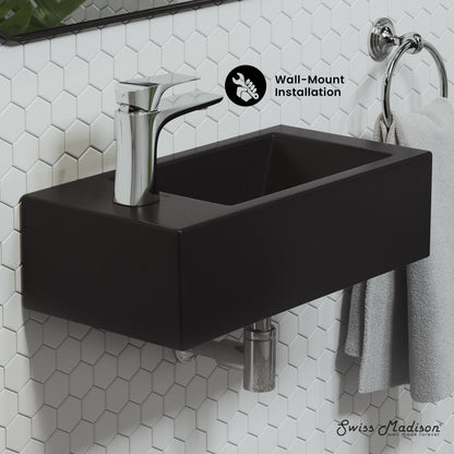 Swiss Madison Voltaire 19.5 x 10 Rectangular Ceramic Wall Hung Sink with Left Side Faucet Mount, Matte Black
