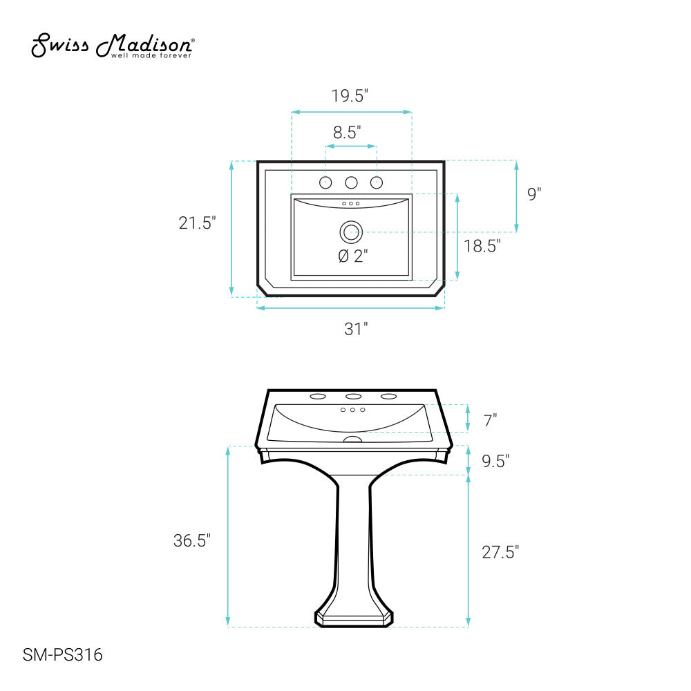 Swiss Madison Voltaire Two-Piece Pedestal Sink