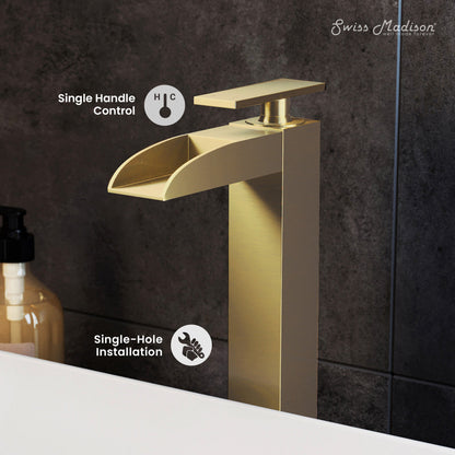 Swiss Madison Concorde Single Hole, Single-Handle, High Arc Waterfall, Bathroom Faucet in Brushed Gold