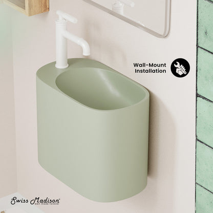 Swiss Madison Terre 18" Solid Surface Oval Wall-Mounted Sink with Left Side Faucet Mount in Matte Palm Green