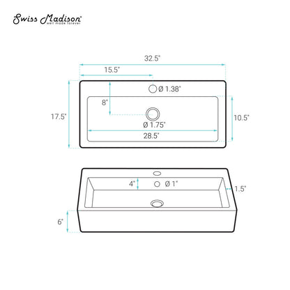 Swiss Madison Voltaire Wide Rectangle Wall-Mount Sink in Shiny White