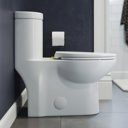 Swiss Madison Sublime One Piece Elongated Toilet Dual Flush, Brushed Gold Hardware 1.1/1.6 gpf