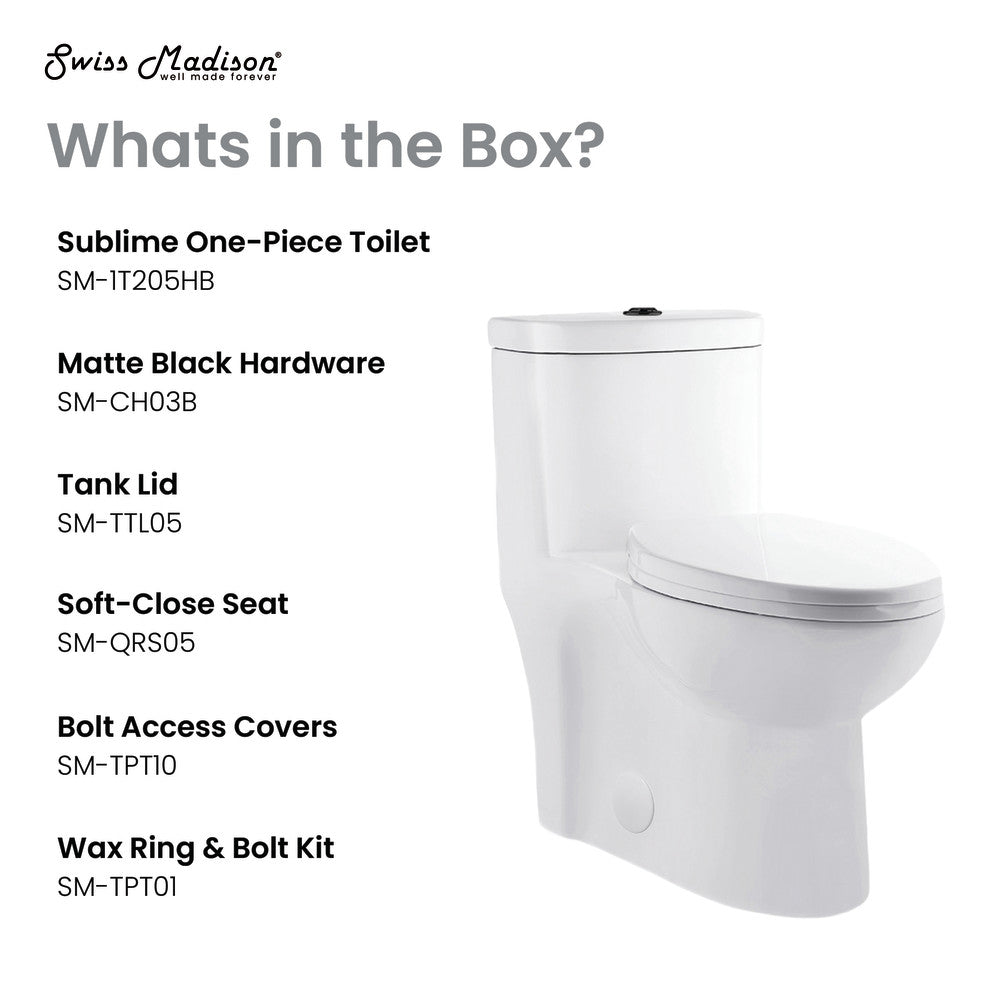Swiss Madison Sublime One Piece Elongated Toilet Dual Flush, Black Hardware 1.1/1.6 gpf