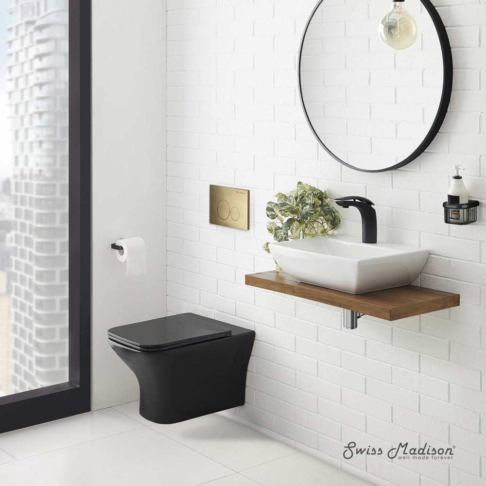 Swiss Madison Carre Wall-Hung Toilet Bundle 0.8/1.6 GPF Dual Flush in Matte Black with Brass Flush Plate