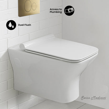 Swiss Madison Carre Wall-Hung Toilet Bundle 0.8/1.6 GPF Dual Flush in Glossy White with Brass Flush Plate