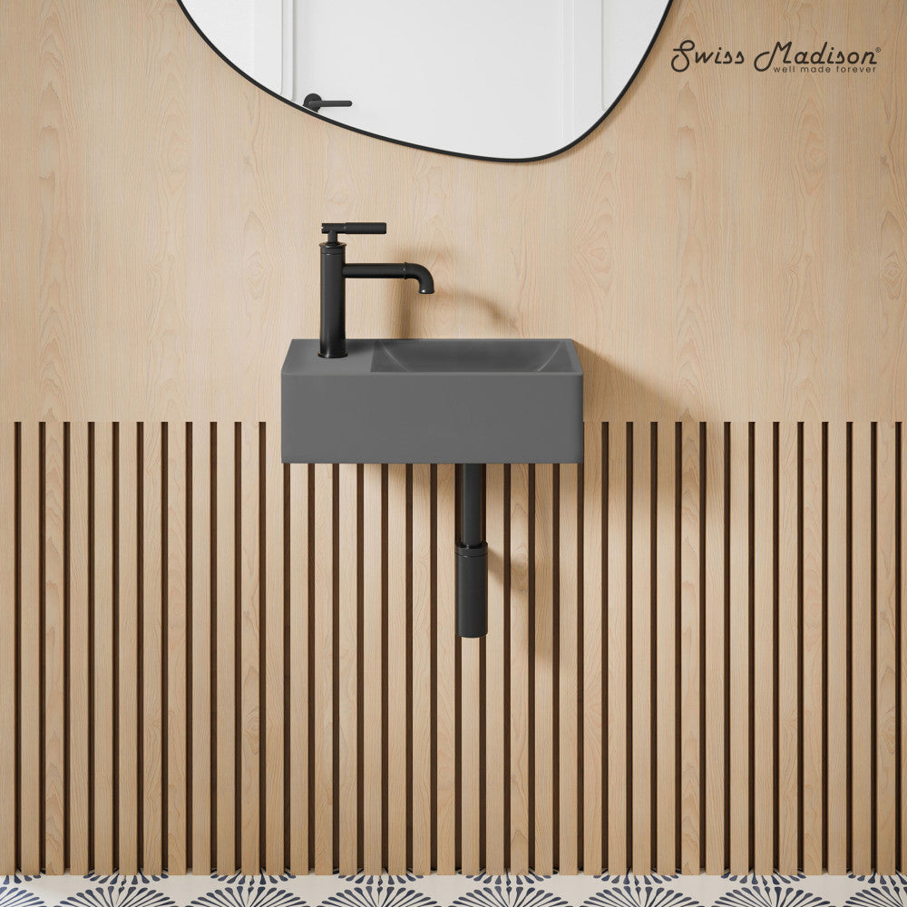 Swiss Madison Lisse 16" Concrete Rectangle Wall-Mounted Sink with Left Side Faucet Mount in Matte Dark Gray