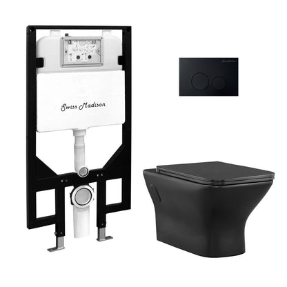 Swiss Madison Carre Wall-Hung Toilet Bundle 0.8/1.6 GPF Dual Flush in Matte Black with Black Flush Plate
