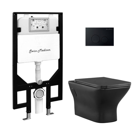 Swiss Madison Carre Wall-Hung Toilet Bundle 0.8/1.6 GPF Dual Flush in Matte Black with Black Flush Plate