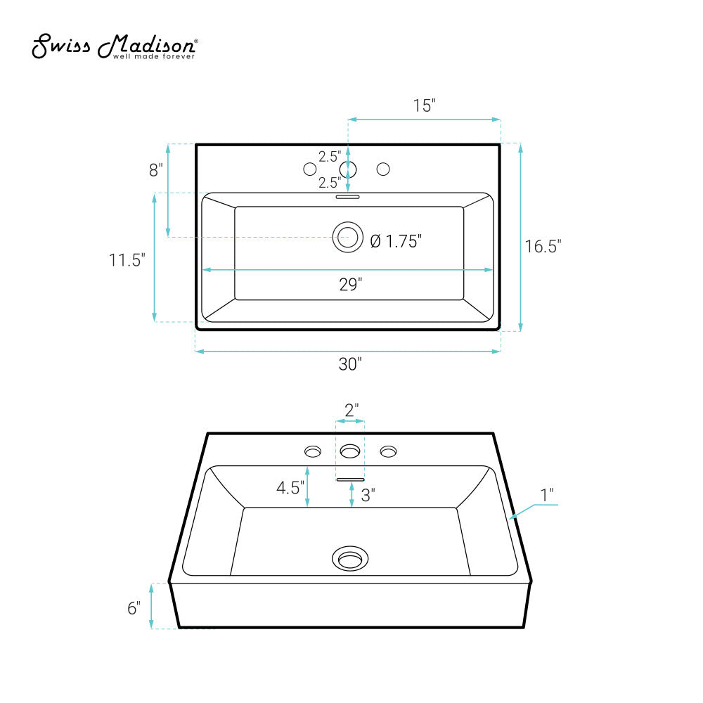 Swiss Madison Claire 30" Rectangle Wall-Mount Bathroom Sink with 8" Widespread Holes
