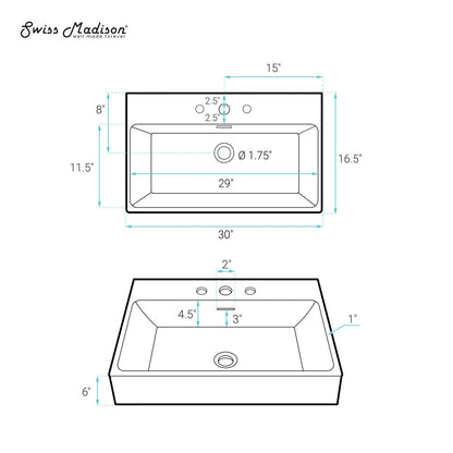 Swiss Madison Claire 30" Rectangle Wall-Mount Bathroom Sink with 8" Widespread Holes