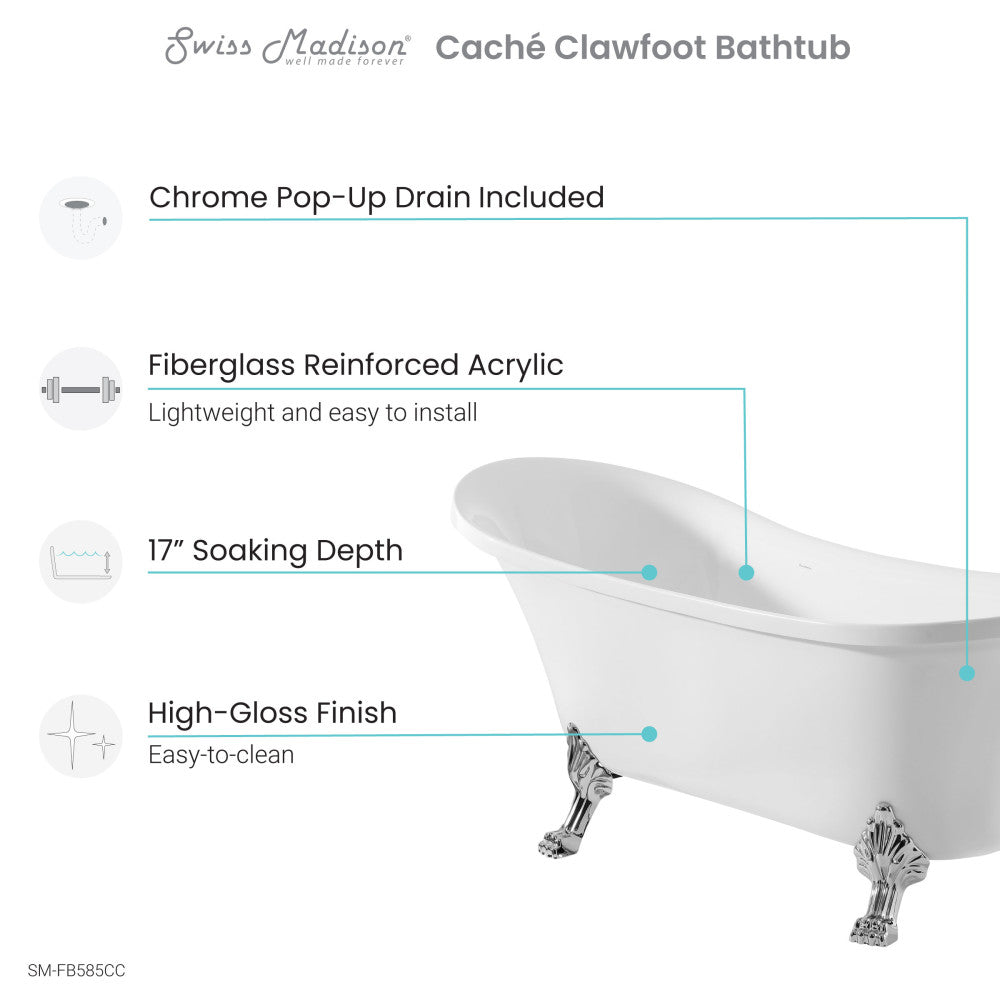 Swiss Madison Cache Single Slipper, Clawfoot Soaking Acrylic Bathtub, Chrome Clawfoot