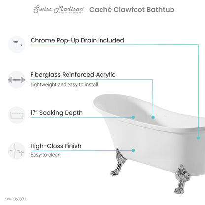 Swiss Madison Cache Single Slipper, Clawfoot Soaking Acrylic Bathtub, Chrome Clawfoot