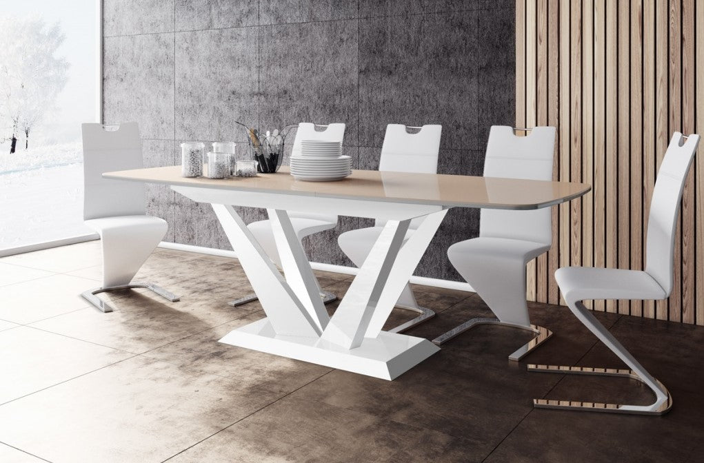 Maxima House Dining Set FETO 7 pcs. modern glossy Dining Table with 2 self-starting leaves plus 6 chairs