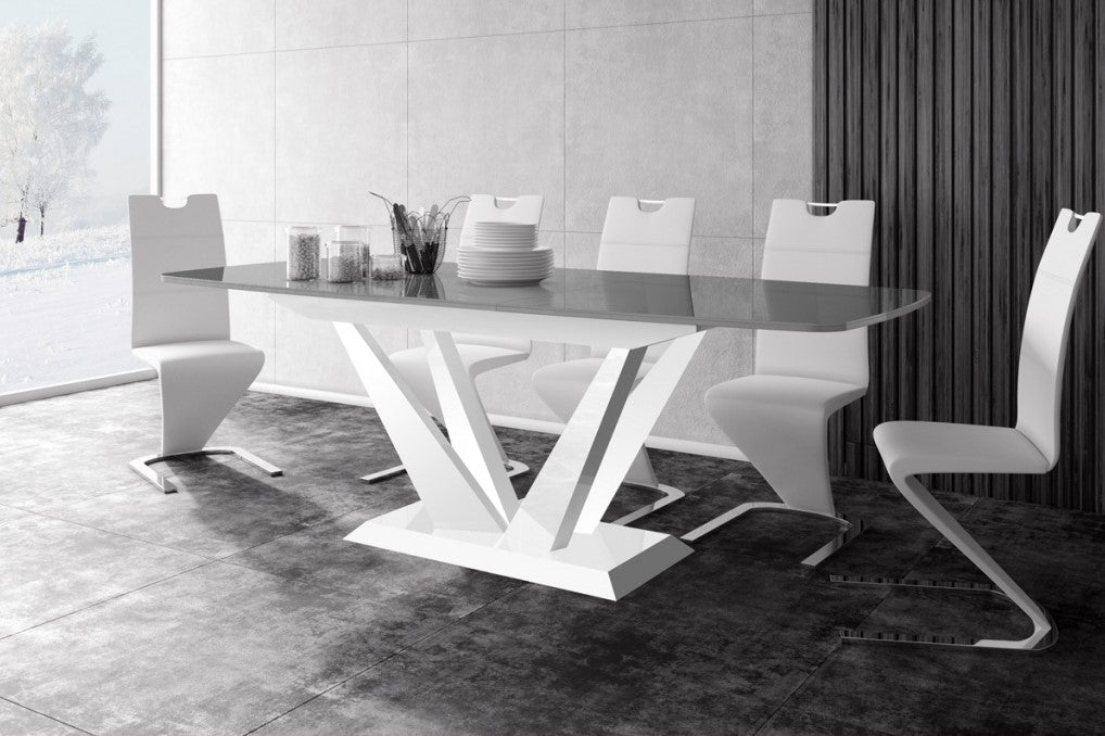 Maxima House Dining Set FETO 7 pcs. modern glossy Dining Table with 2 self-starting leaves plus 6 chairs