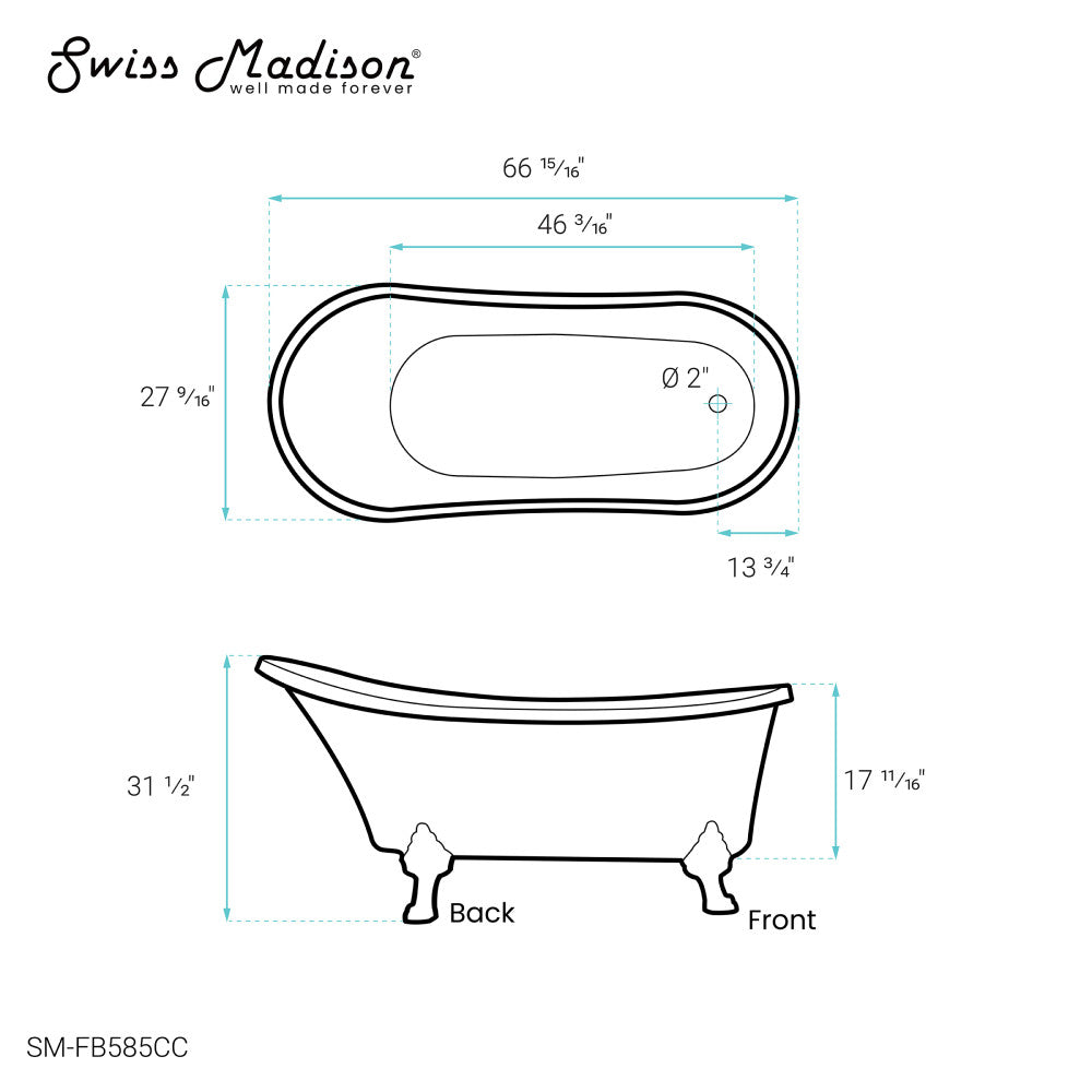 Swiss Madison Cache Single Slipper, Clawfoot Soaking Acrylic Bathtub, Chrome Clawfoot