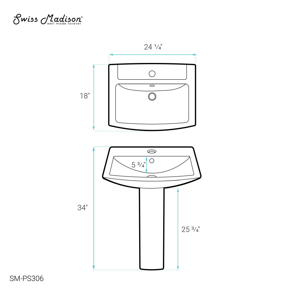Swiss Madison Sublime Two-Piece Glossy White Ceramic Rectangular Pedestal Sink