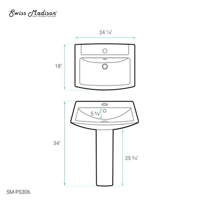 Swiss Madison Sublime Two-Piece Glossy White Ceramic Rectangular Pedestal Sink