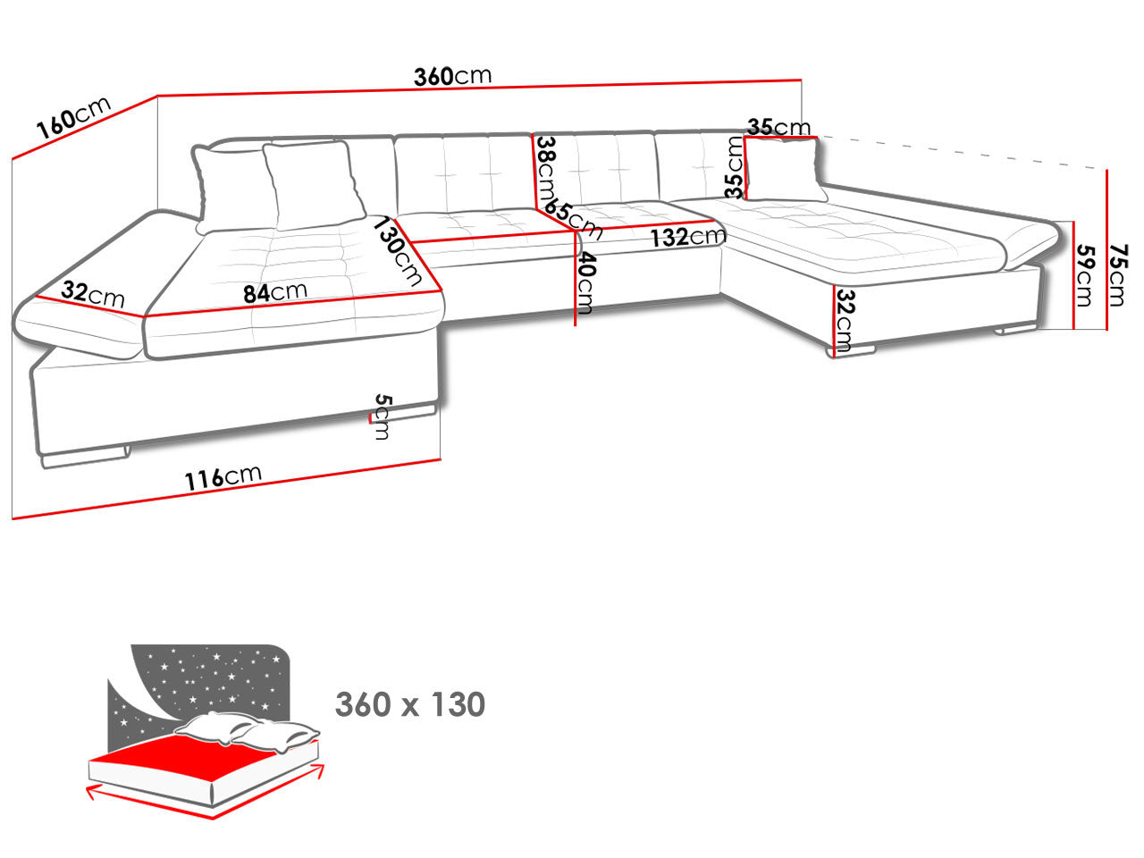 Maxima House Sectional Sleeper Sofa LIA U-Shape with storage, Universal Corner