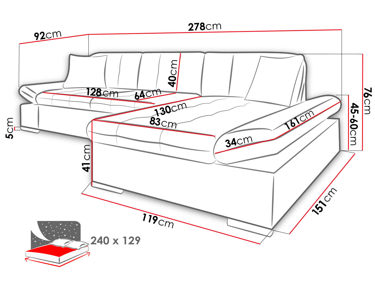 Maxima House Sectional Sleeper Sofa FELIX with Storage