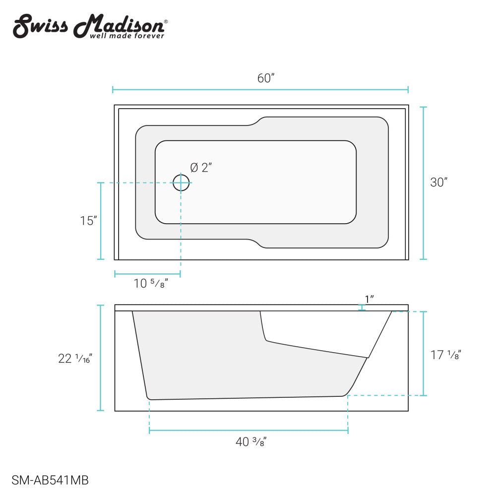 Swiss Madison Voltaire 60" x 30" Left-Hand Drain Alcove Bathtub with Apron in Matte Black