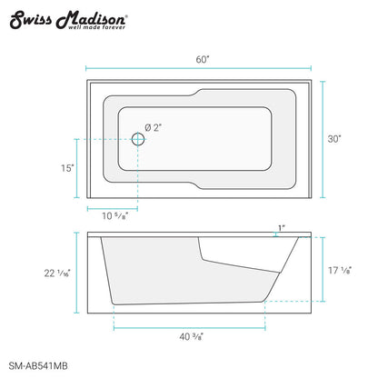 Swiss Madison Voltaire 60" x 30" Left-Hand Drain Alcove Bathtub with Apron in Matte Black