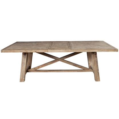 Newberry Acacia Table, Dining 8 Seater Stable Table, Contemporary Diner Table, Rectangular, Acacia Solids, 2068-01; Brand: Alpine Furniture Size: 83inW x  39.5inD x  30inH; Extended: 103inW x  39.5inD x  30inH Weight: 175lb; Shape: Rectangular; Material: Acacia Solids Seating Capacity: Seats 6-8 people; Color: Weathered natural