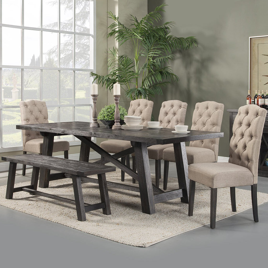 Newberry Table With A Leaf, Expandable Wooden Table, Acacia Table, 1468-22 Brand: Alpine Furniture; Size: 83inW x 39.5inD x 30inH Extended: 103inW x 39.5inD x 30inH; Weight: 175lb; Shape: Rectangular Material: Acacia Solids; Seating Capacity: Seats 6-8 people; Color: Salvaged Grey