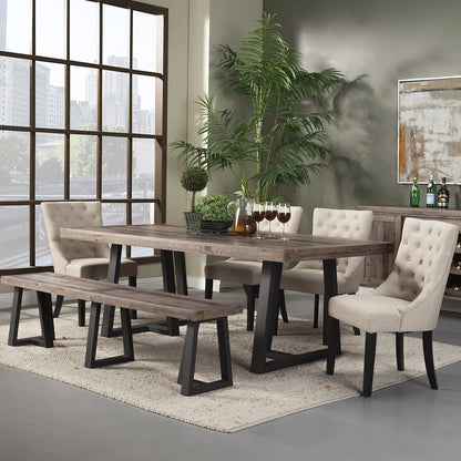 Prairie Durable Dining Table, Slat Table Contemporary Look, Rectangular, Solid & Recycled Pine Wood, 1568-01 Brand: Alpine Furniture; Size: 84inW x 42inD x 30inH Weight: 121lb; Shape: Rectangular; Material: Solid & Recycled Pine Seating Capacity: Seats 4-6 people; Color: Top: Natural Wood Legs: Black