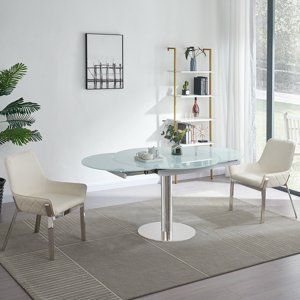 Pub | Round To Oval Extendable Dining Table, Frosted Glass Top, White, 18873