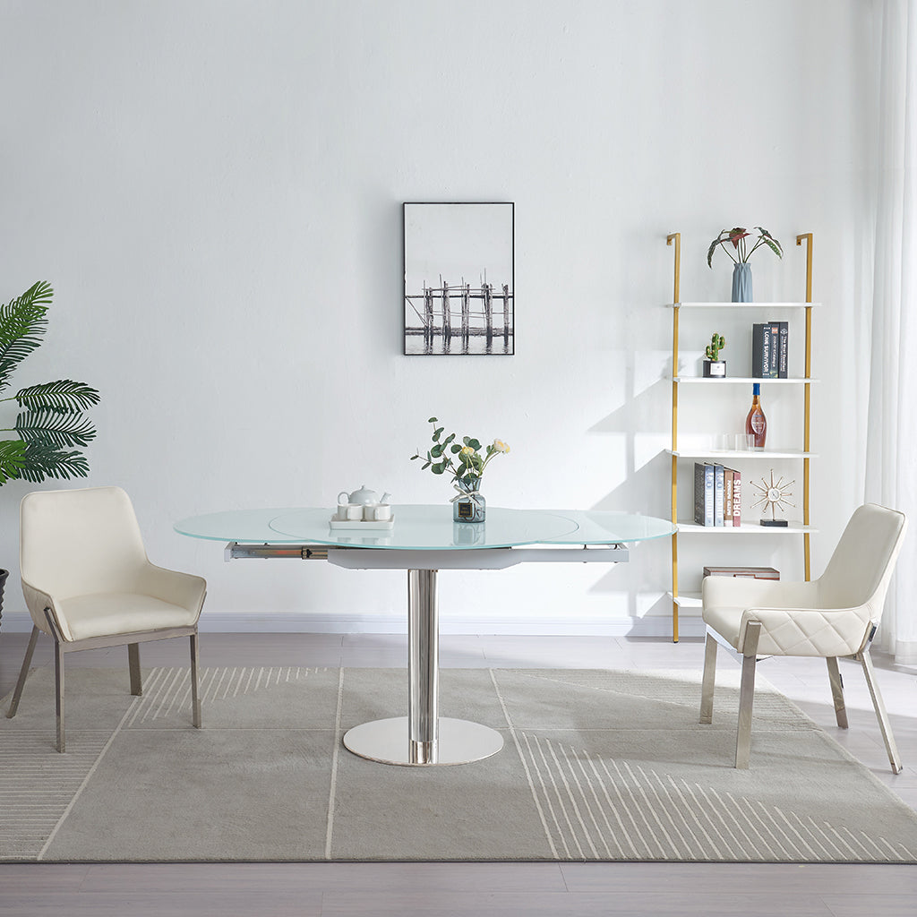 Pub | Round To Oval Extendable Dining Table, Frosted Glass Top, White, 18873