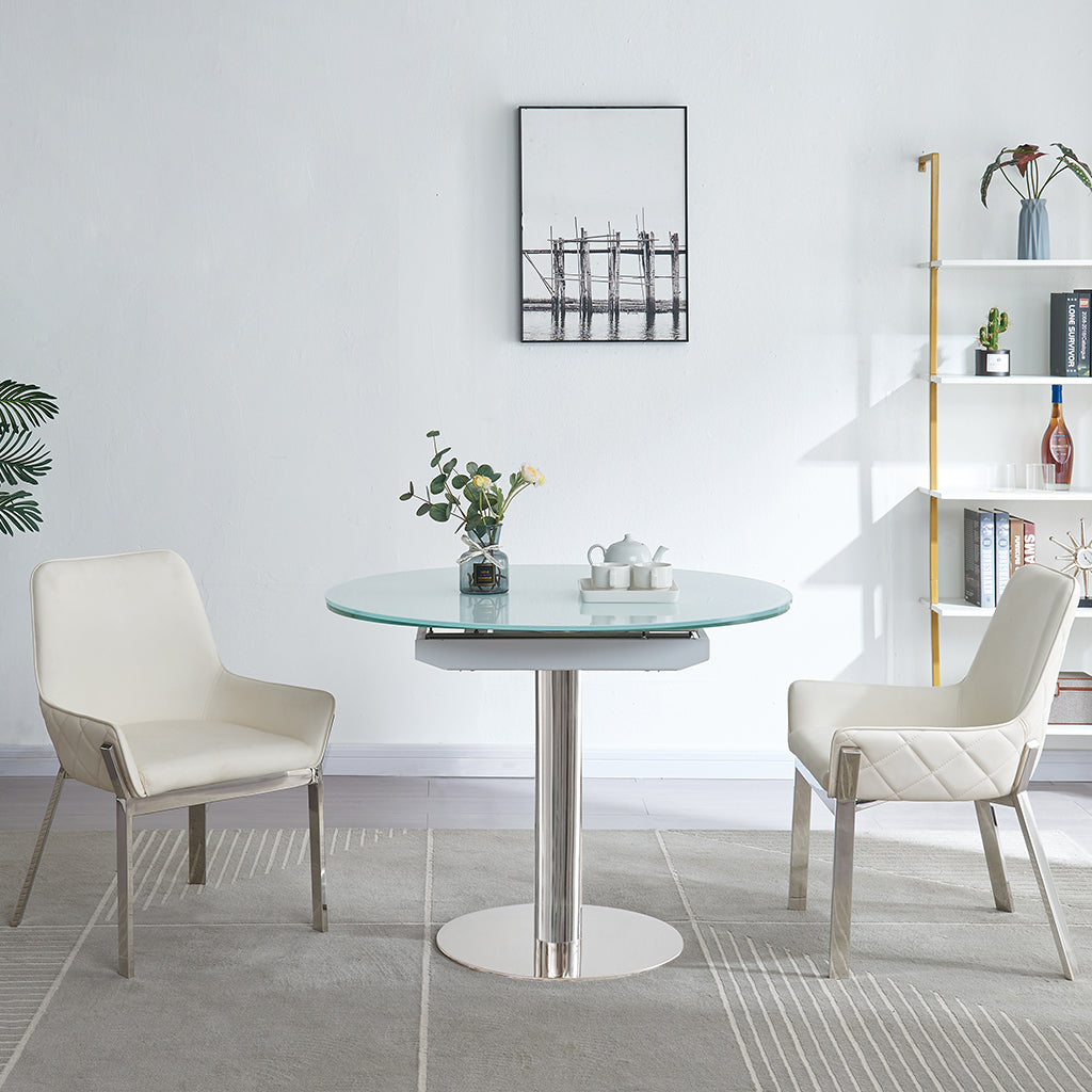 Pub | Round To Oval Extendable Dining Table, Frosted Glass Top, White, 18873