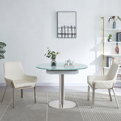 Pub | Round To Oval Extendable Dining Table, Frosted Glass Top, White, 18873