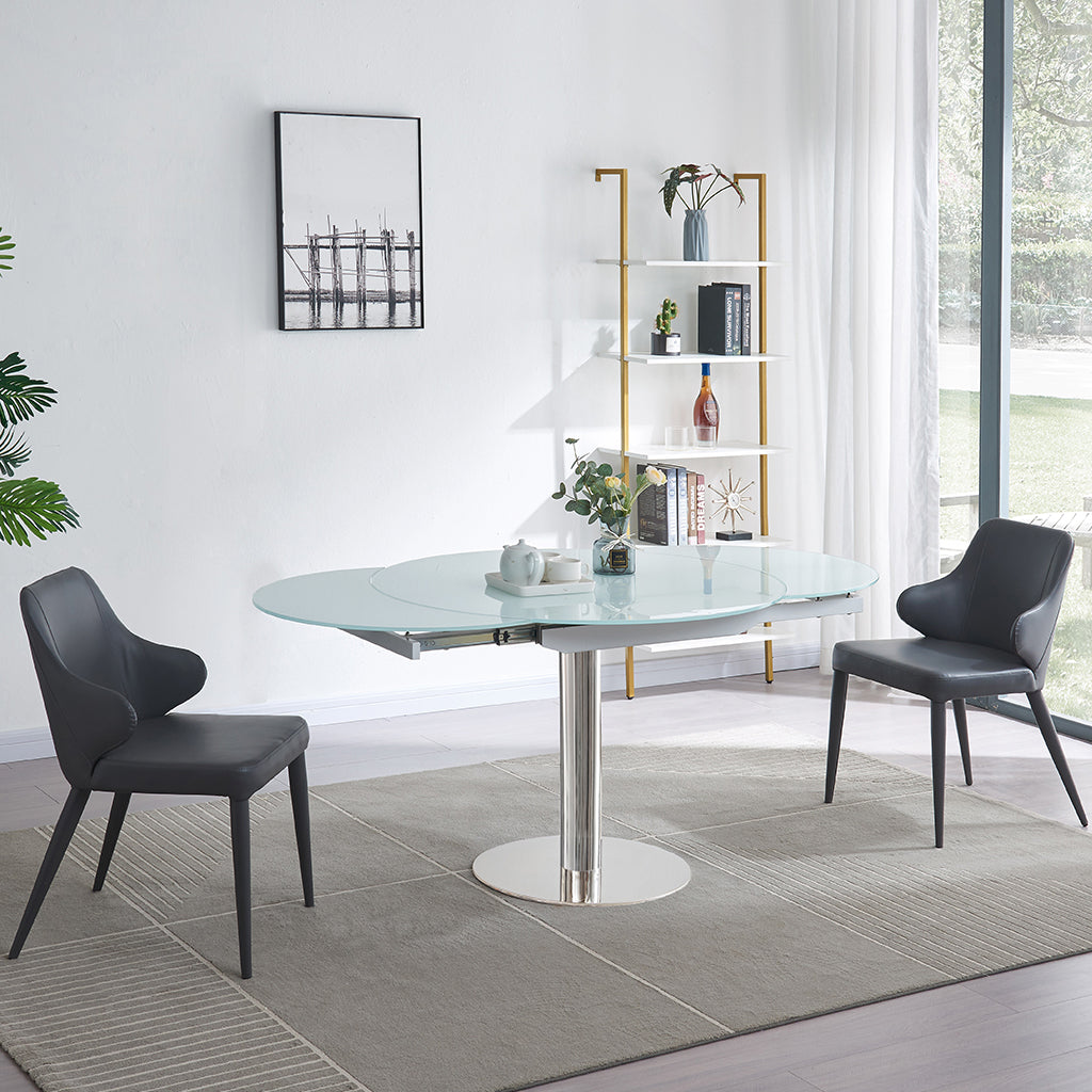 Pub | Round To Oval Extendable Dining Table, Frosted Glass Top, White, 18873