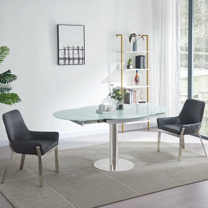 Pub | Round To Oval Extendable Dining Table, Frosted Glass Top, White, 18873