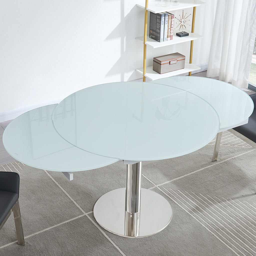 Pub | Round To Oval Extendable Dining Table, Frosted Glass Top, White, 18873