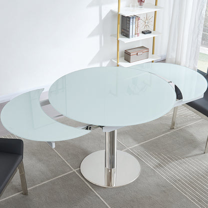 Pub | Round To Oval Extendable Dining Table, Frosted Glass Top, White, 18873